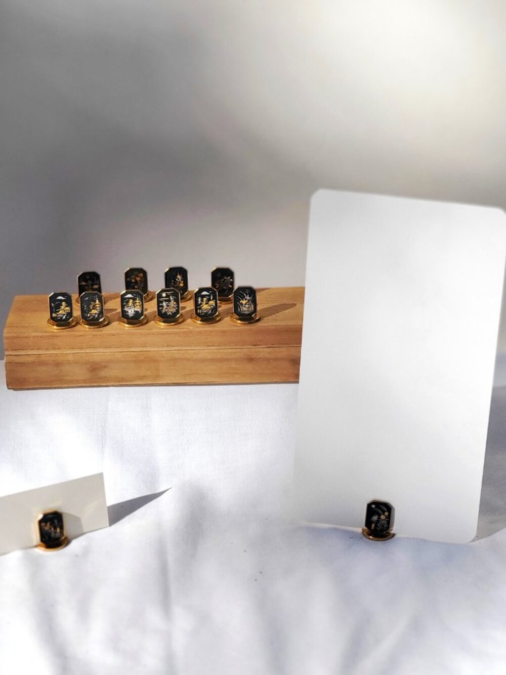 JAPAN AMITA DAMASCENE MENU PLACE CARD HOLDERS 12pc. GOLD/SILVER INLAY PAGODA